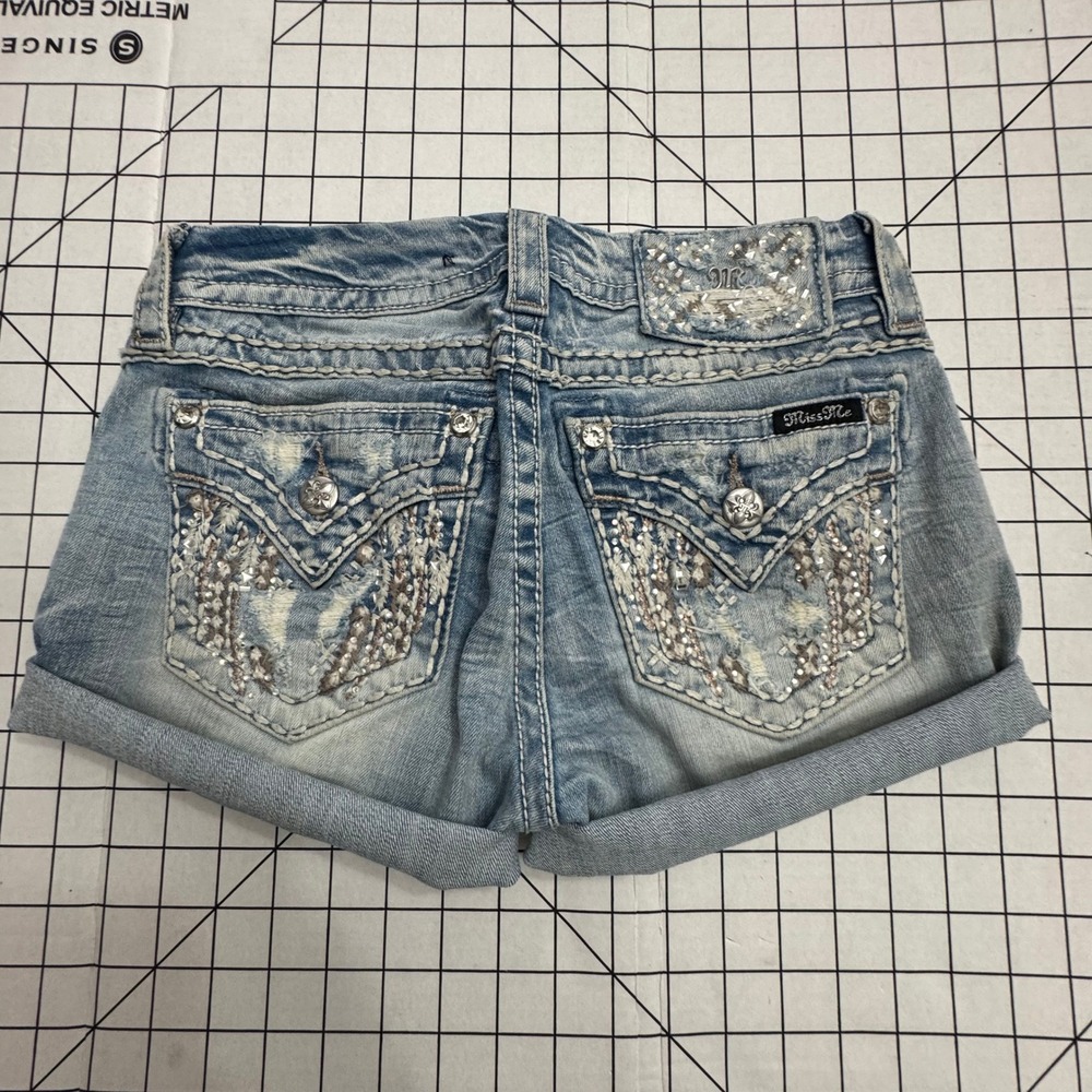 Miss Me Denim Shorts Womens 26 Blue Light Wash Embellished Rhinestone Cuffed Y2K